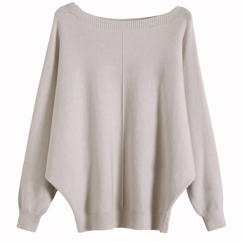 Ckikiou Womens Lightweight Oversized Boat Neck Sweaters Tops Dolman Batwing Sleeve Ribbed Knitted Pullovers Beige - Image 1